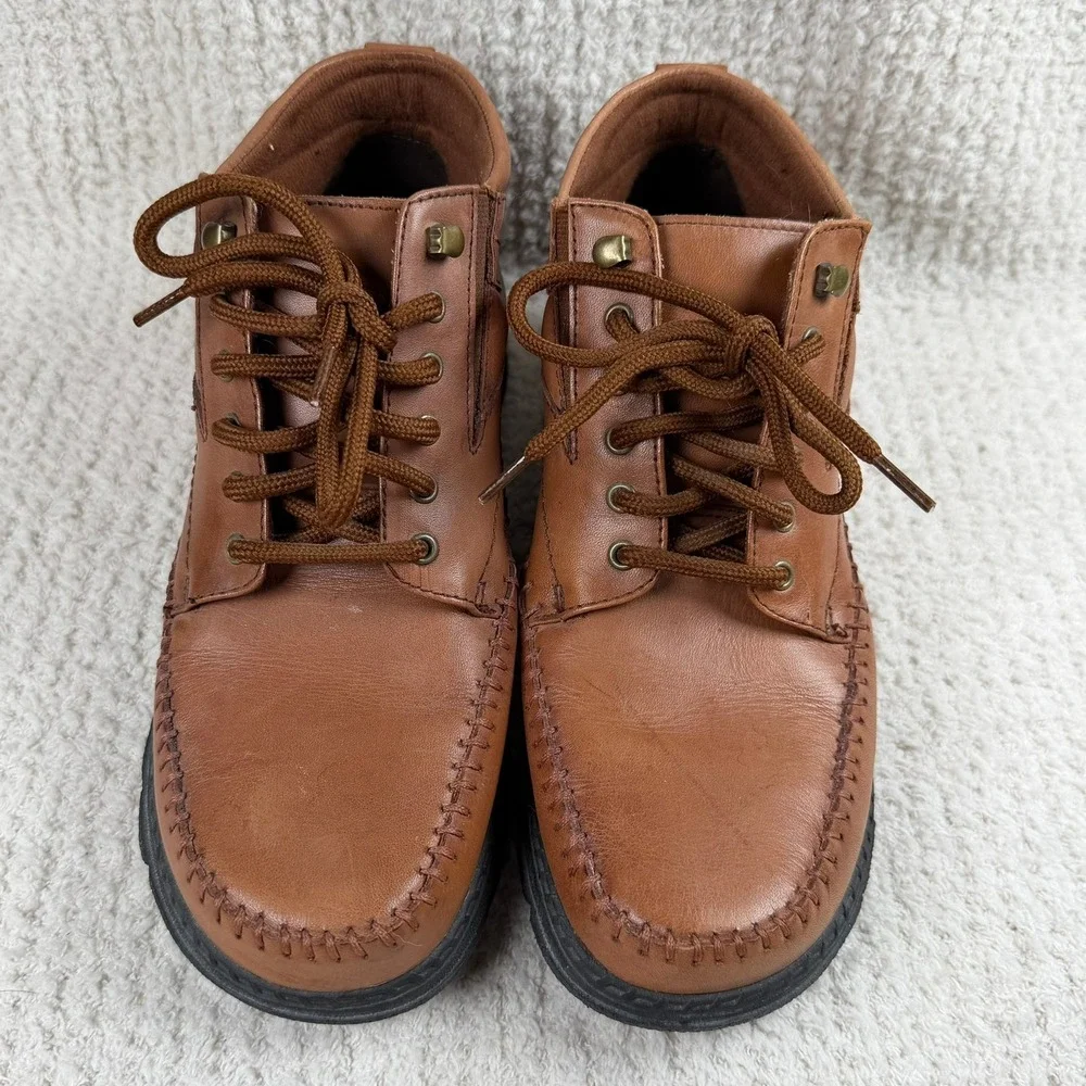 Dr.‎ Scholls Mily Brown Leather Ankle Boots Moc Toe Lace Up Womens 8.5 Earthy